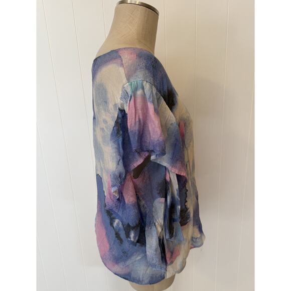 Zac & Rachel Blouse Womens Large Ruffle Sleeve Watercolor Top Lightweight Flowy - Picture 4 of 9
